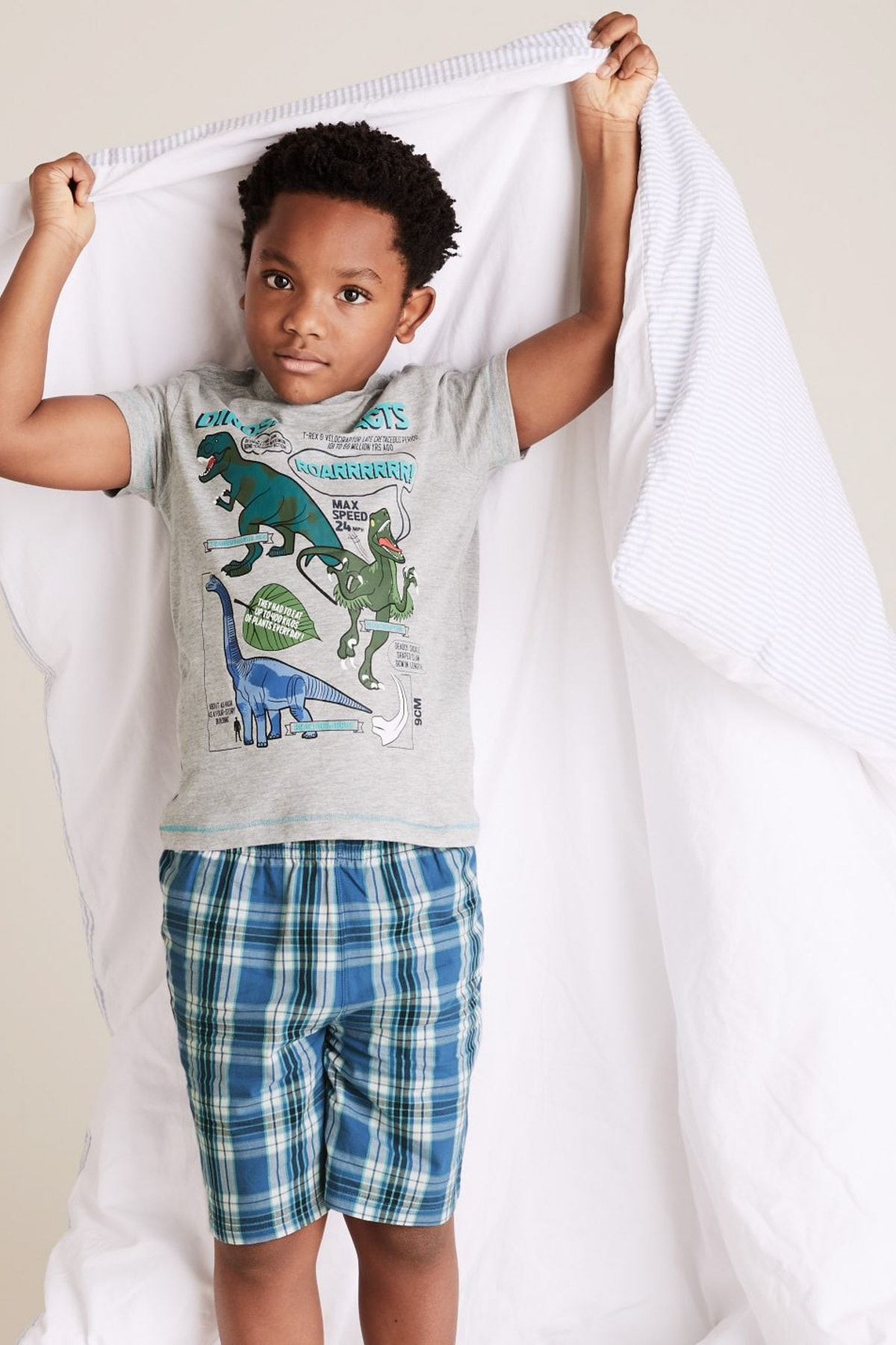 Marks & Spencer Unisex Çocuk Gri 2'Li Dinozor Desenli Pijama Takımı Seti T86005243T