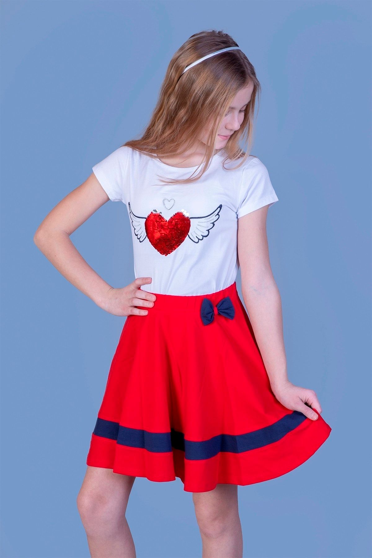 Toontoy Kız Çocuk Pul İşlemeli Kalp Nakışlı Etekli Takım