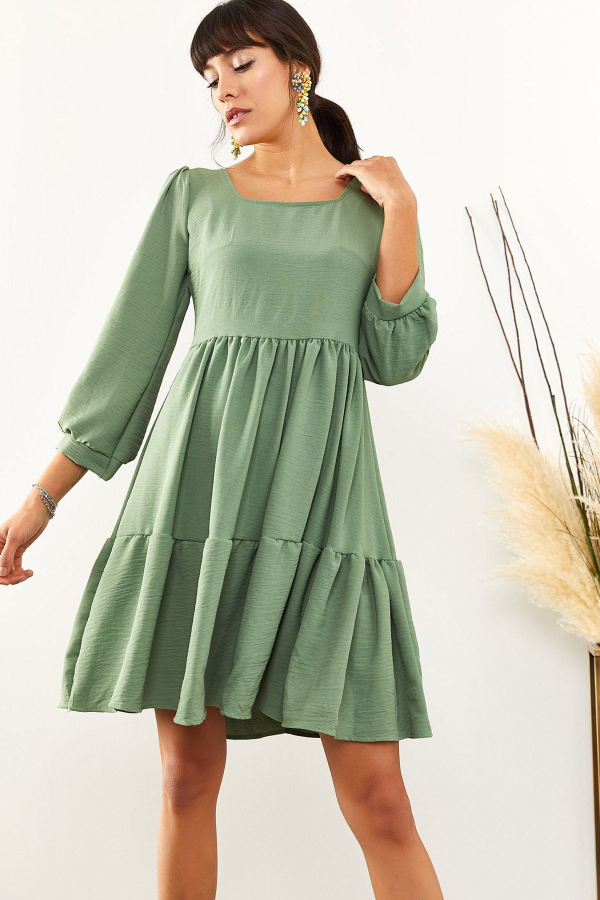 Olalook Kadın Çağla Yeşili Kare Yaka Salaş Ayrobin Elbise ELB-19001399