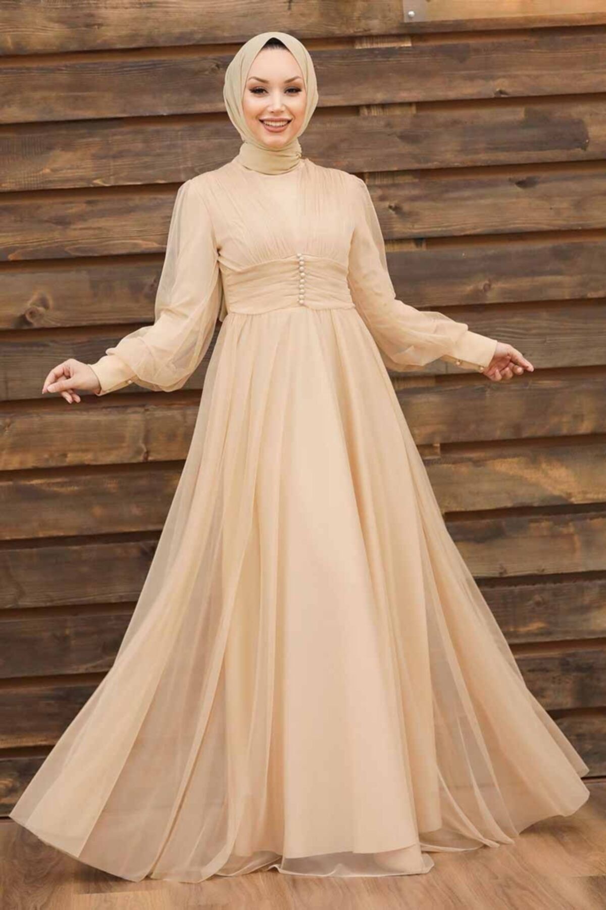 Neva Style Kadın Bej Düğme Detaylı Tesettür Abiye Elbise 5478bej