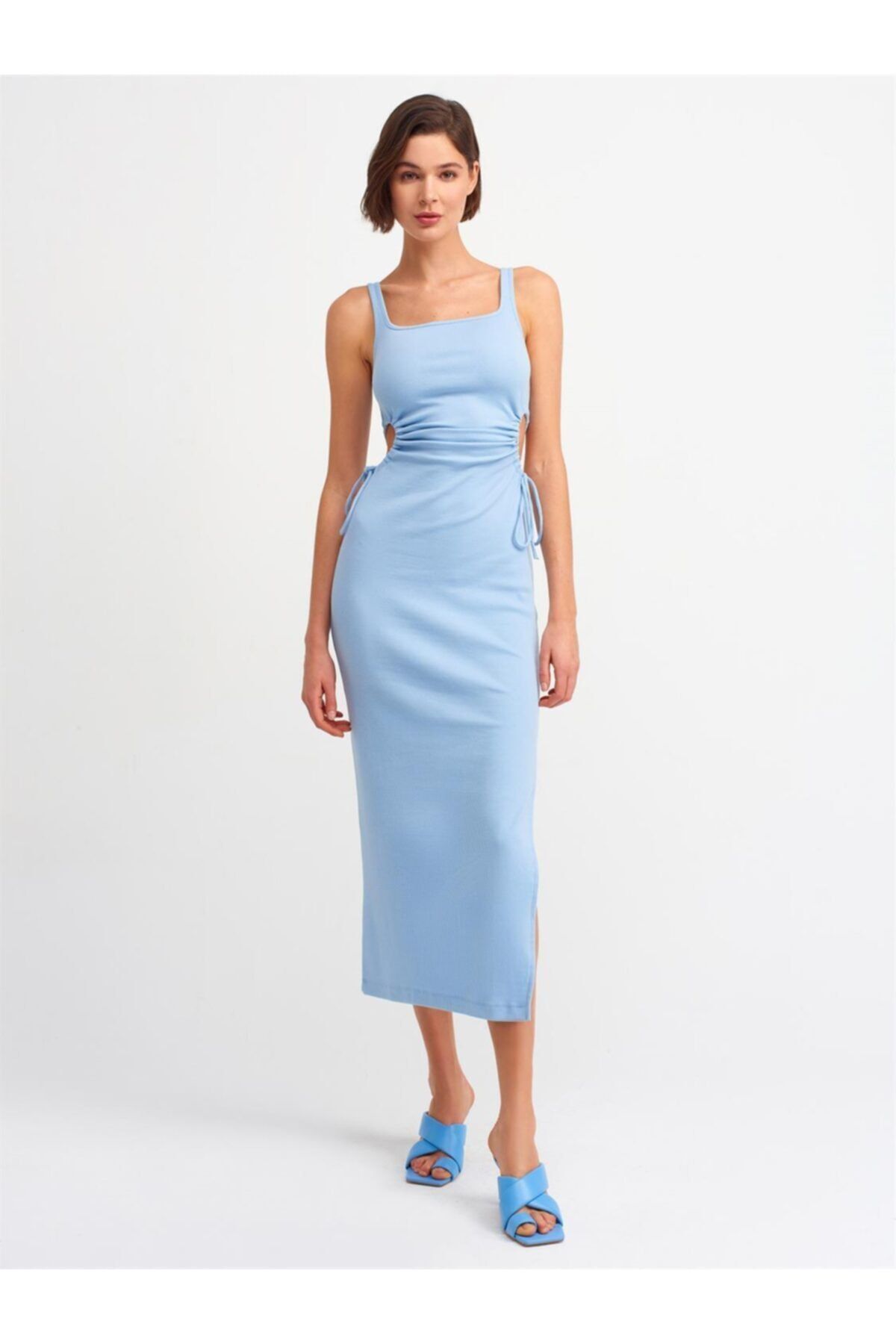 Dilvin 9094 Kadın Pencere Detaylı Uzun Elbise-mavi
