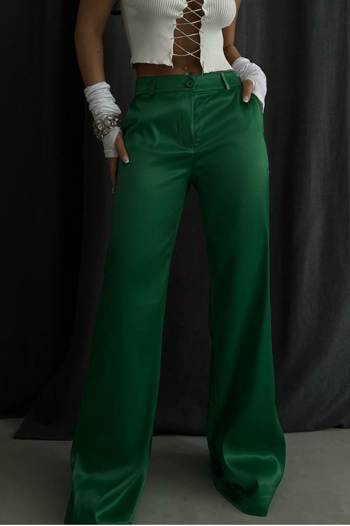 lovebox Kadın Yeşil Saten Boru Paça Pantolon 23s01013