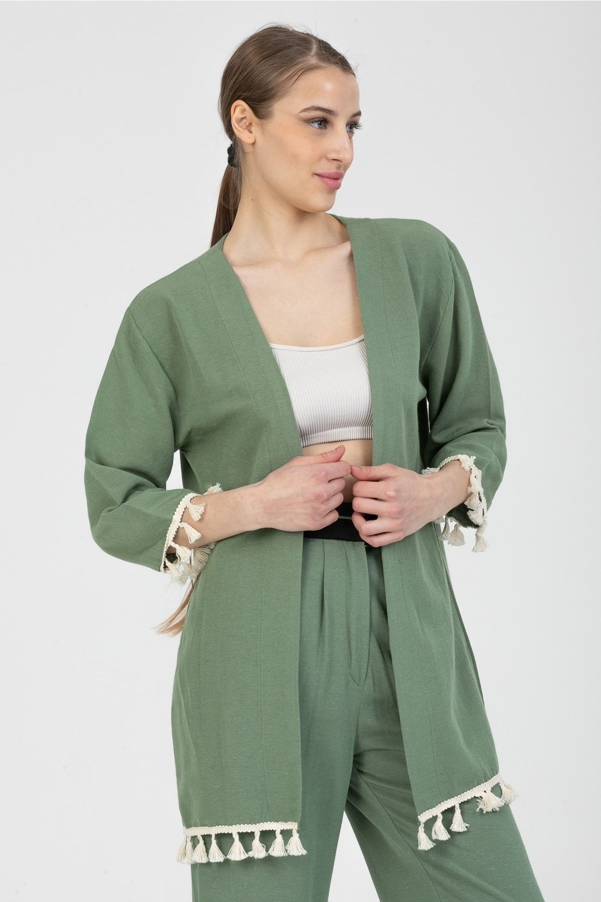 MD trend Kadın Mint Yeşil Püskül Detaylı Keten Kimono