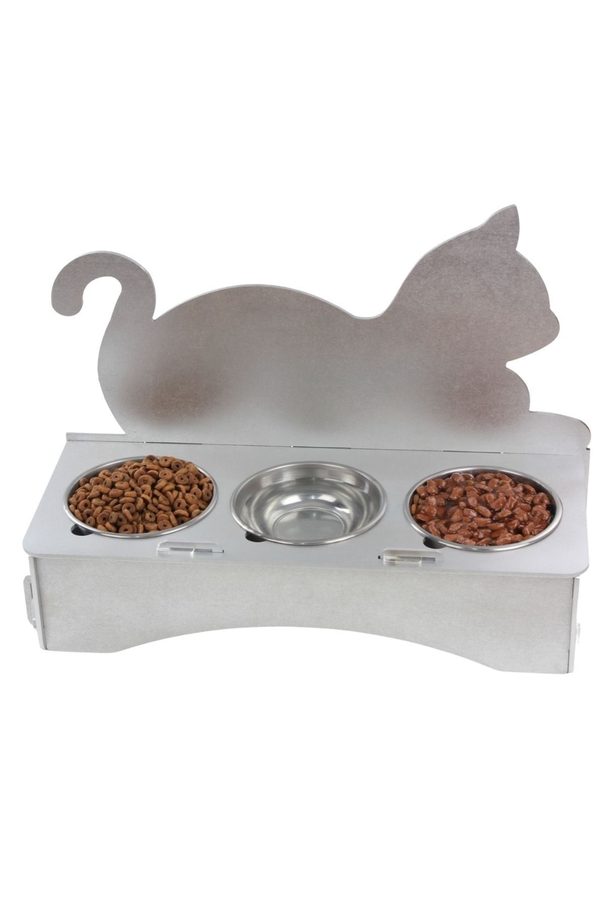 Evene Mama Su Kabı Paslanmaz Çelik Taslı 3'lü Ahşap Kedi Ve Köpek Suluk Kedi Arkalıklı Model