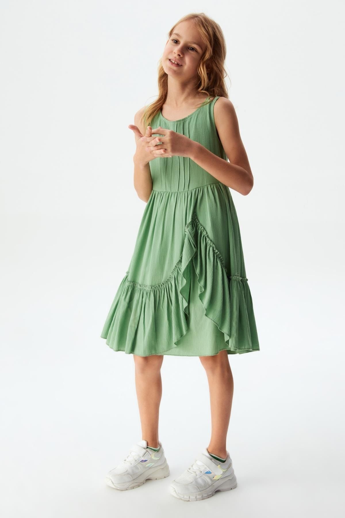 Nk Kids 74304 Kız Çocuk Yeşil Krınkıl Elbise