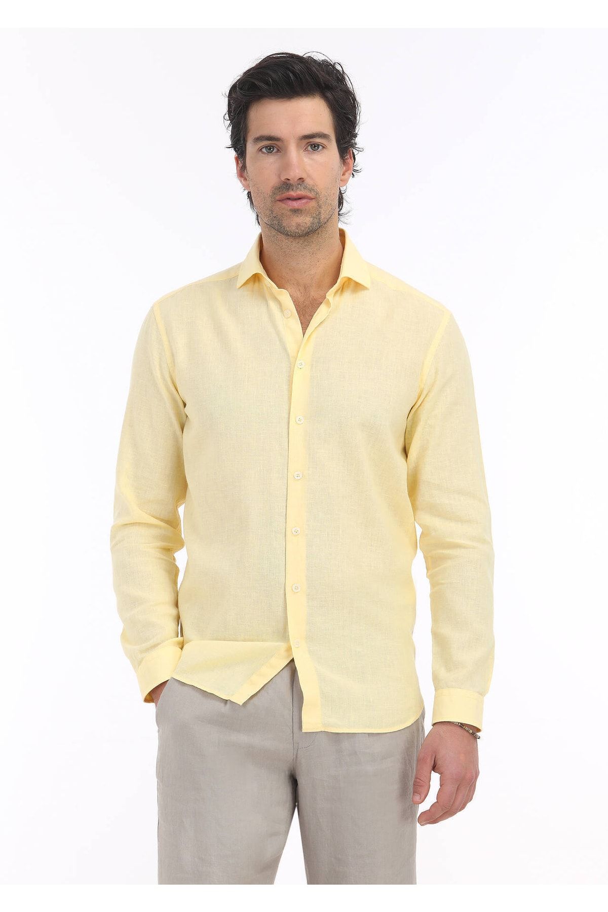 Ramsey Sarı Düz Regular Fit Dokuma Casual Pamuk Karışımlı Gömlek