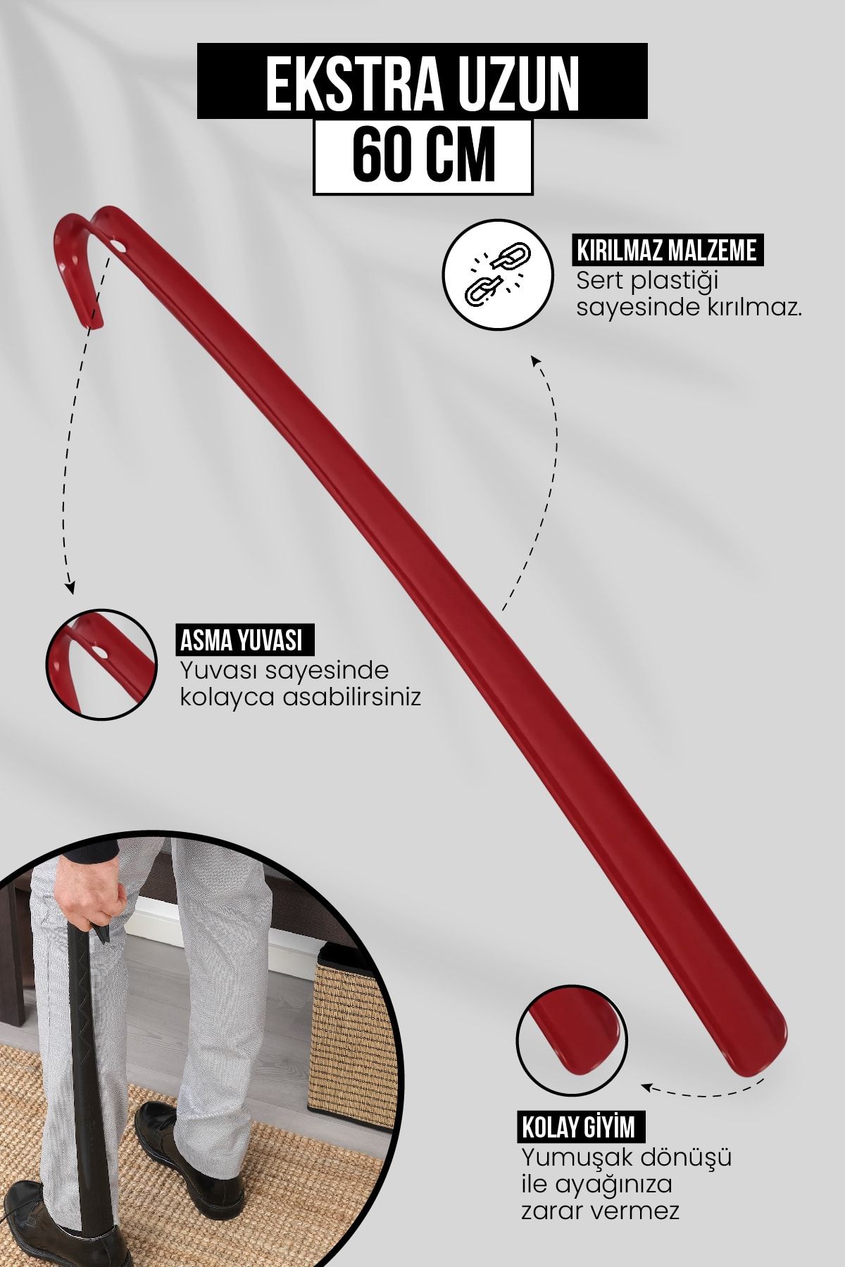 Orvila 60 Cm Kırmızı Ayakkabı Çekeceği | Sert Plastik Asılabilir Çekecek Yumuşak Kerata Uzun