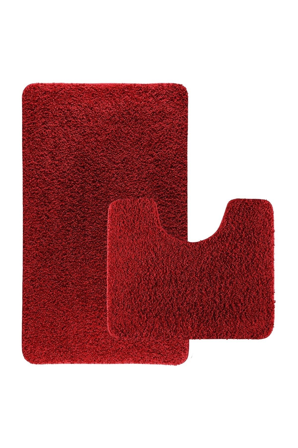 EUROBANO Kırmızı Shaggy Kıvırcık Halı Kaymaz Tabanlı 2'li Set Banyo Halısı Paspas Seti 60x100