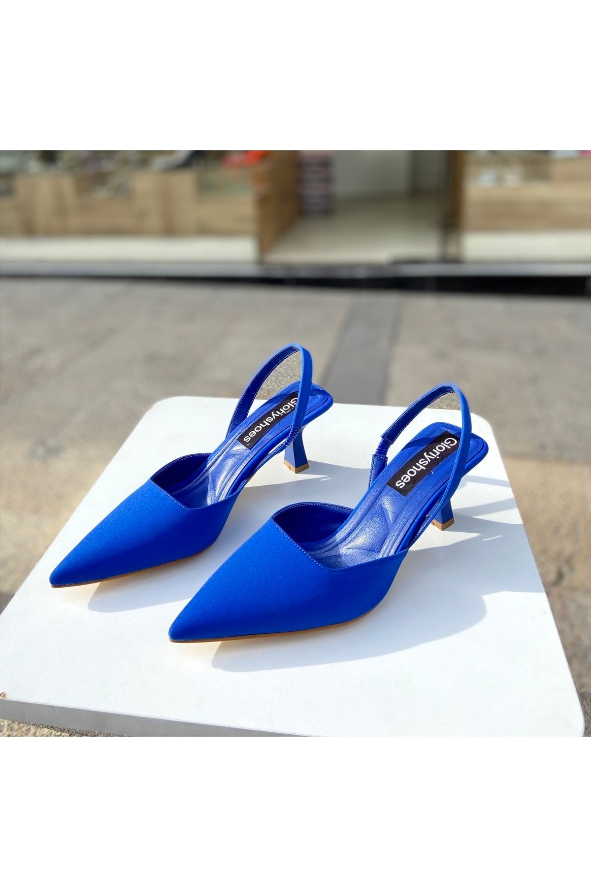 Gloriys Ayakkabı & Çanta Saks Mavisi Saten 5 Cm Topuklu Ayakkabı