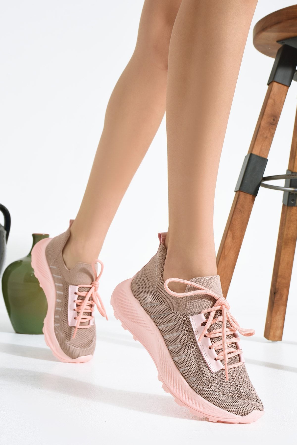 Pembe Potin Kadın Pudra Sneakers Triko Confort Ayakkabı