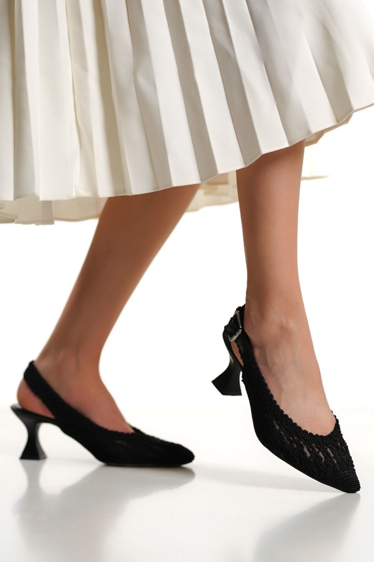 SAYL Siyah Örgü Kumaş Arkası Açık Bilekten Bağlamalı Stiletto Kadın Topuklu Ayakkabı