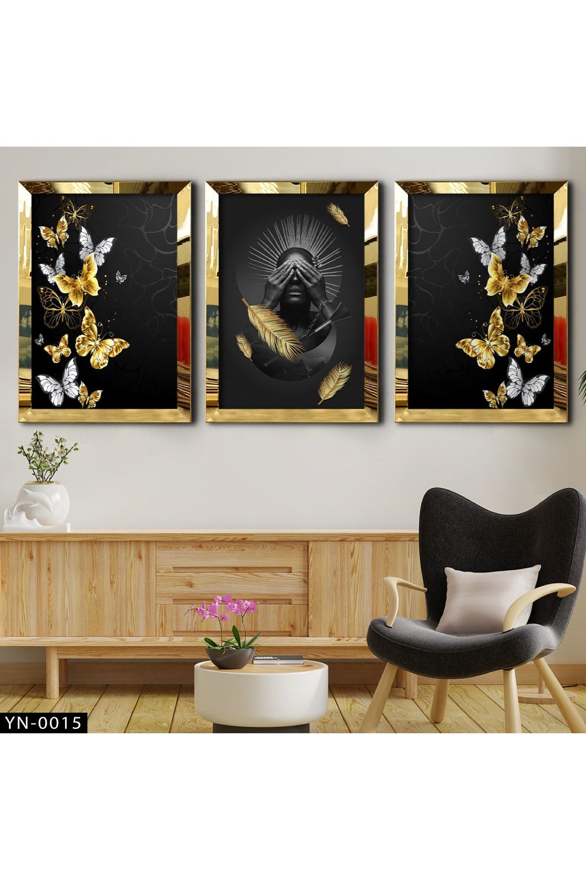 first art of gallery Afrika Tanrıçası-kelebekler Kabartma Dokulu Influencer Temalı Ayna Pleksi Çerçeveli 3'lü Tablo Seti