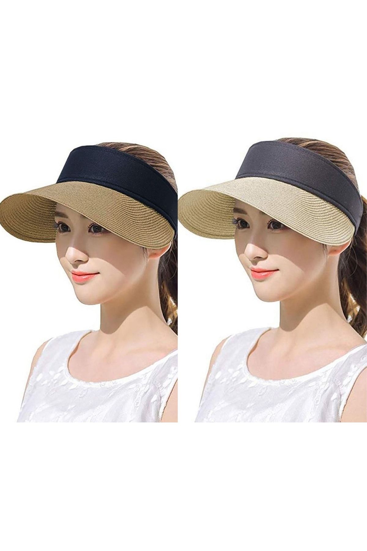 Rupen Kraft 2 Li Kombin Kadın Hasır Yazlık Vizör Güneşlik Şapka Set (arka Kısmı Cırtlı )