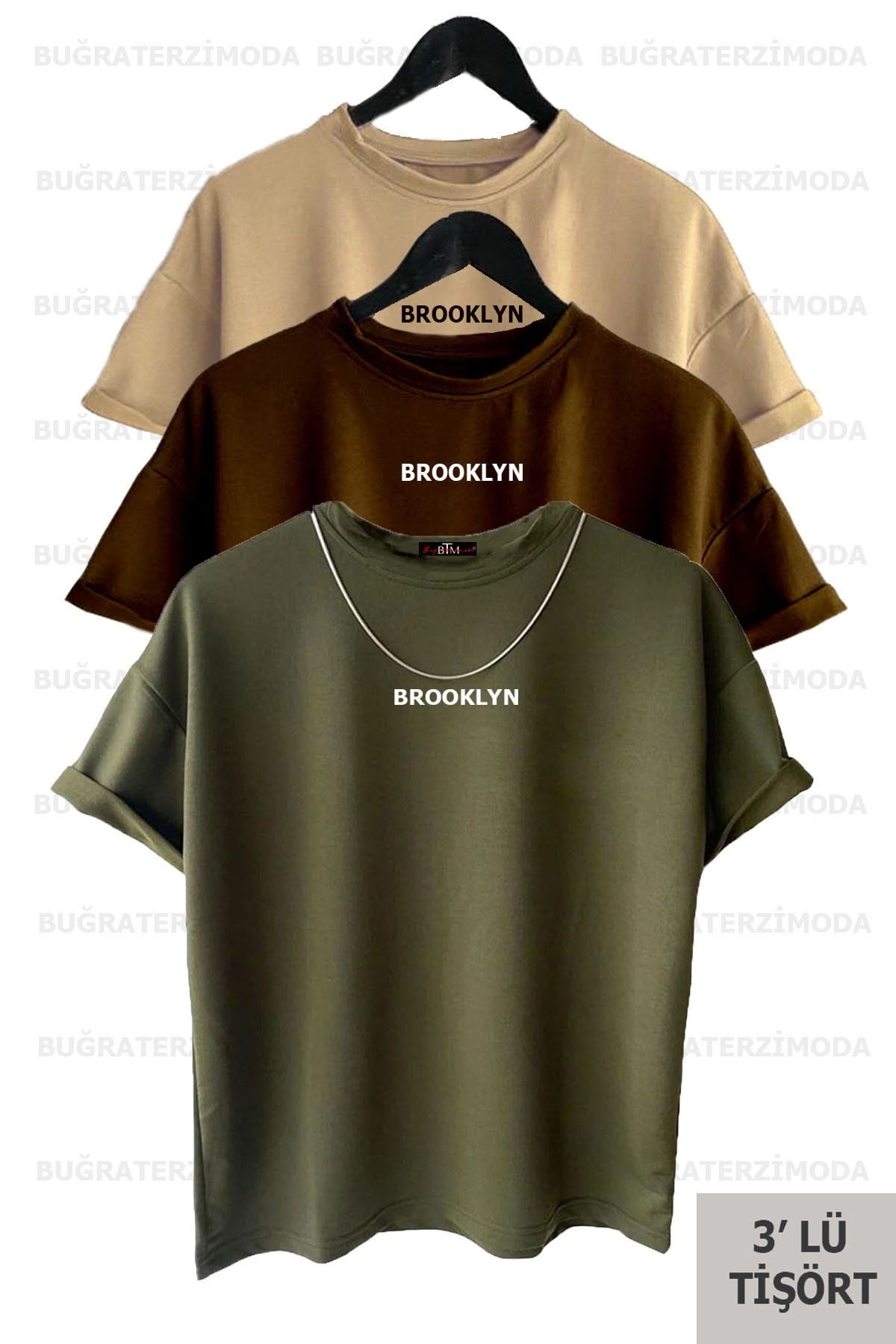 Buğraterzimoda Brooklyn Baskılı Unisex Kahverengi-haki-bej (bol Kalıp) Oversize 3'lü T-shirt Paketi