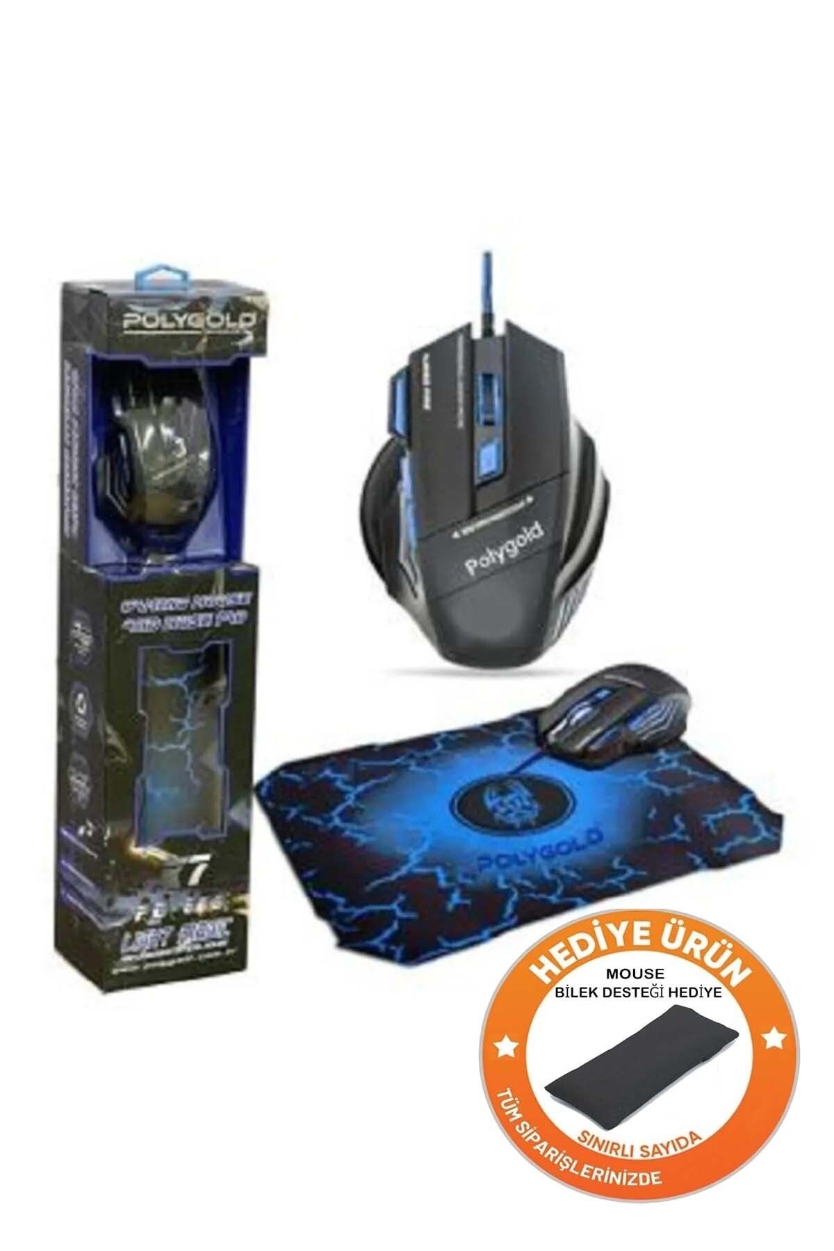 Polygold X7 Kablolu Işıklı Oyuncu Mouse Mousepad Mavi