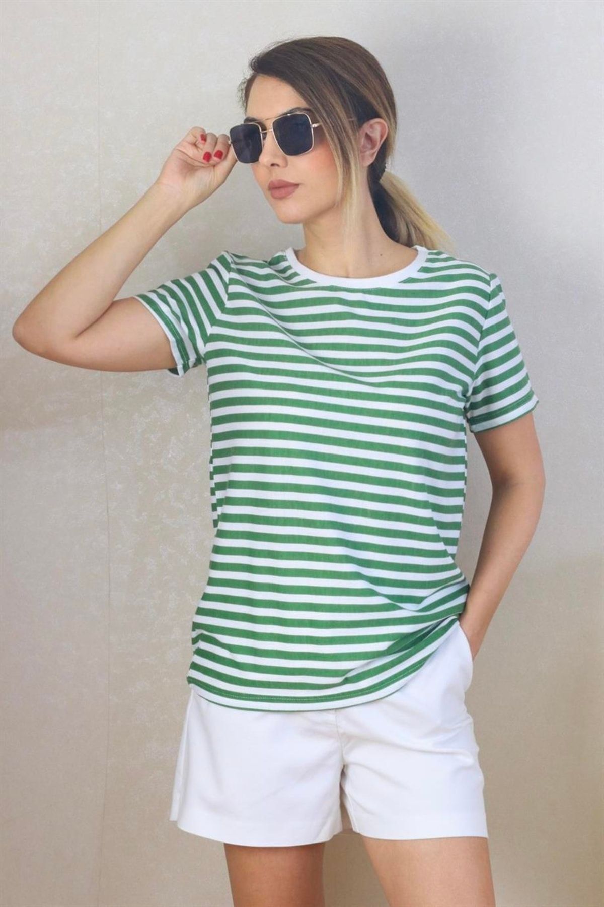Ritnice Kadın Yeşil Beyaz Çizgili Basic T-shirt