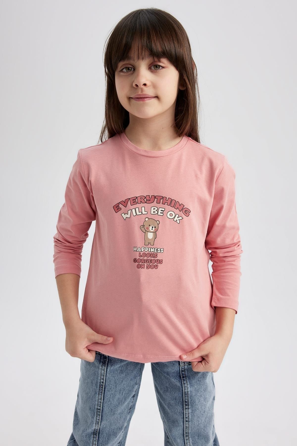 Defacto Kız Çocuk Ayıcık Baskılı Uzun Kollu Pamuklu Tişört