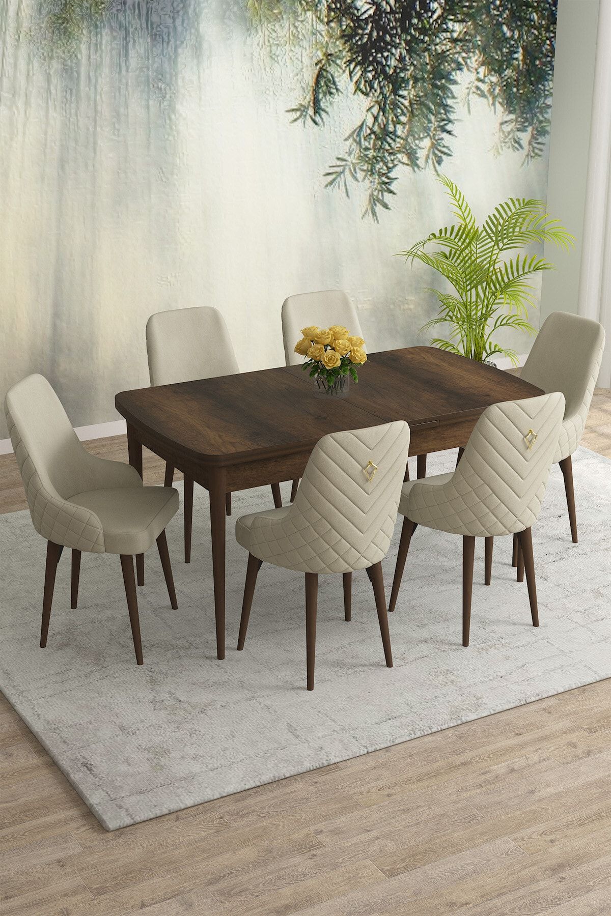 Rovena Eylül Barok Desen 80x132 Mdf Açılabilir Yemek Masası Takımı 6 Adet Sandalye