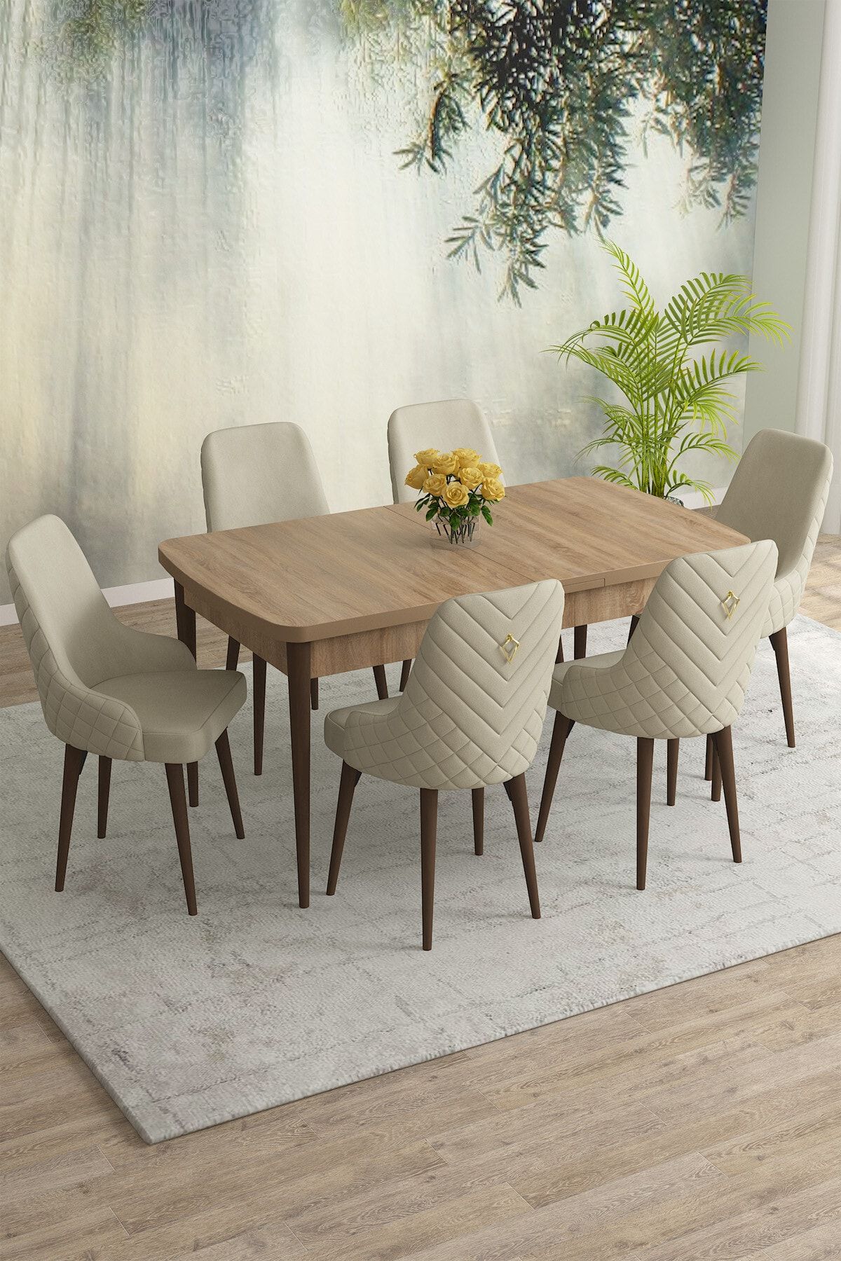 Rovena Eylül Meşe Desen 80x132 Mdf Açılabilir Yemek Masası Takımı 6 Adet Sandalye