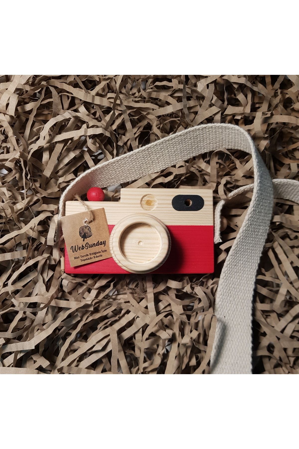 aswood Ahşap Oyuncak Fotoğraf Makinesi, Kız Erkek 0 - 3 Yaş Hediyelik Askılı Dekoratif Oyuncak -kırmızı
