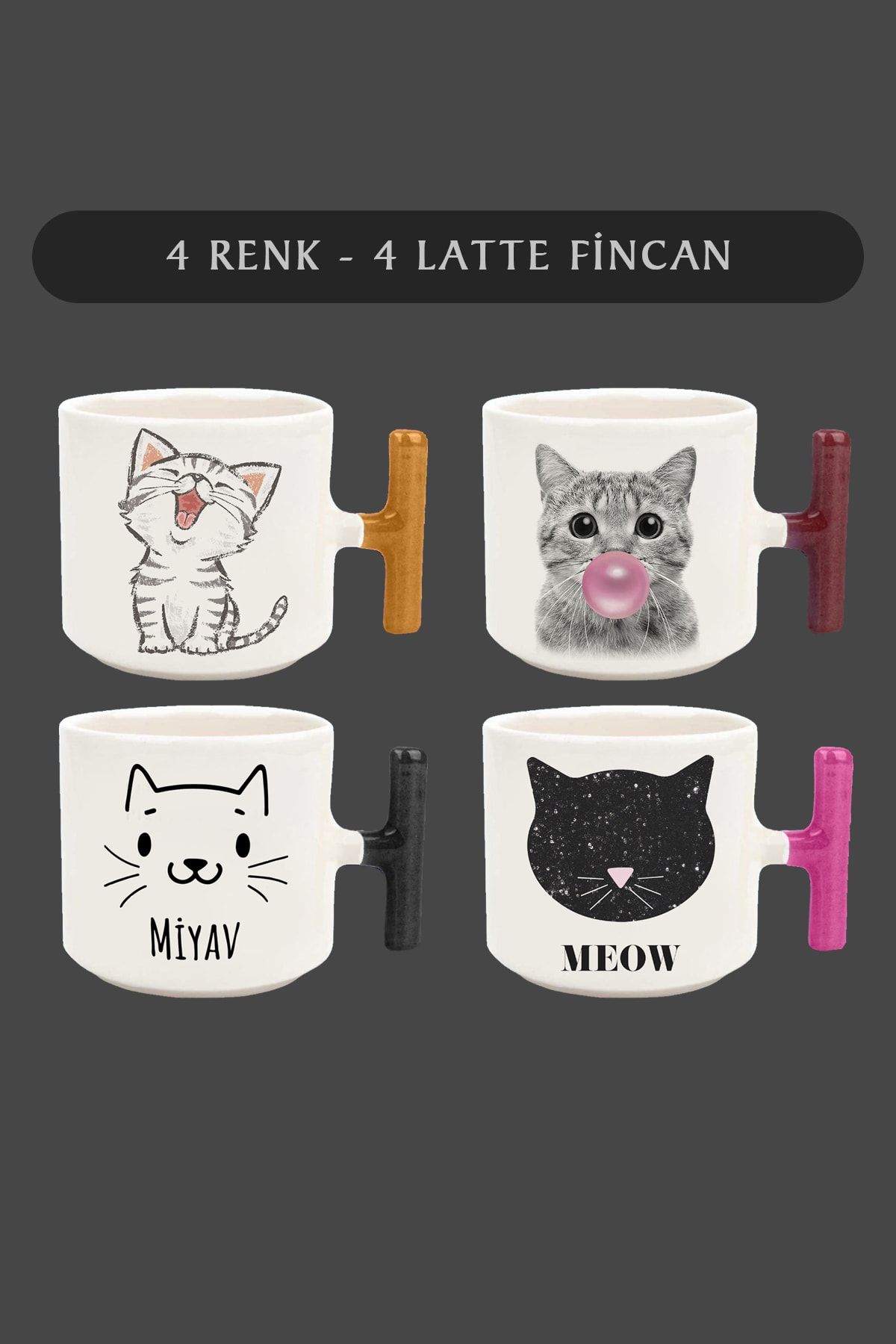 yhfoto 4 Adet Kedi - Cute Cat - Latte Fincan - Krem Renk Fincan - 4 Farklı Kulp