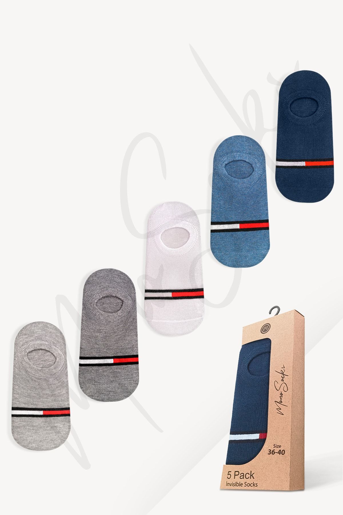 Mono Socks 5'li Görünmez Sneakers Kırmızı Beyaz Çizgili Çorap