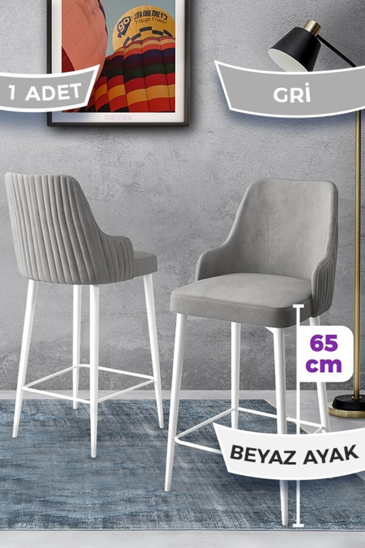 Canisa Tera Serisi 1 Adet 65 Cm Gri Ada Mutfak Bar Sandalyesi Babyface Kumaş Beyaz Metal Ayaklı
