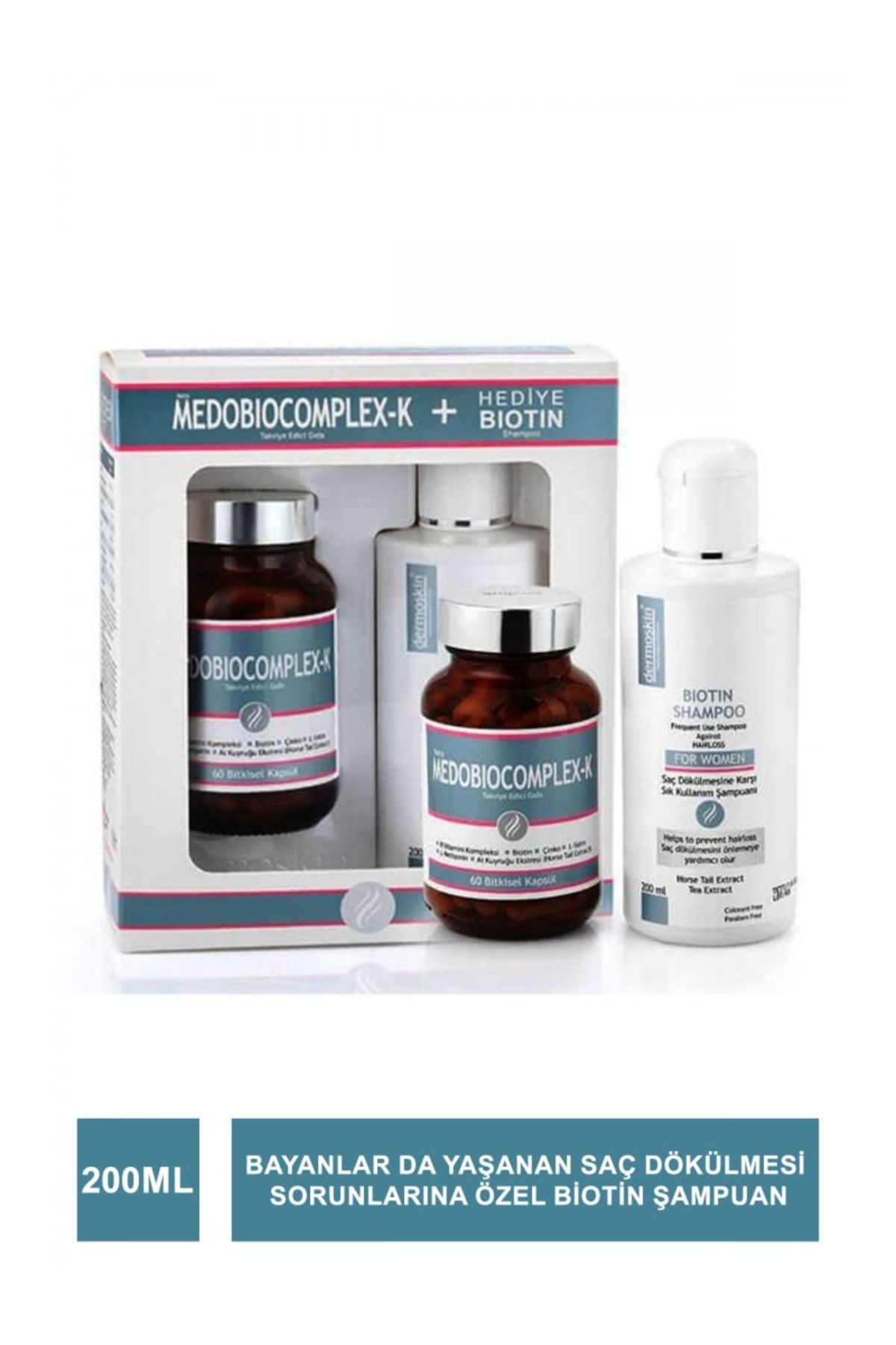 Dermoskin Medobiocomplex K Kapsül & Biotin Şampuanı Kadın 200 Ml Hediye