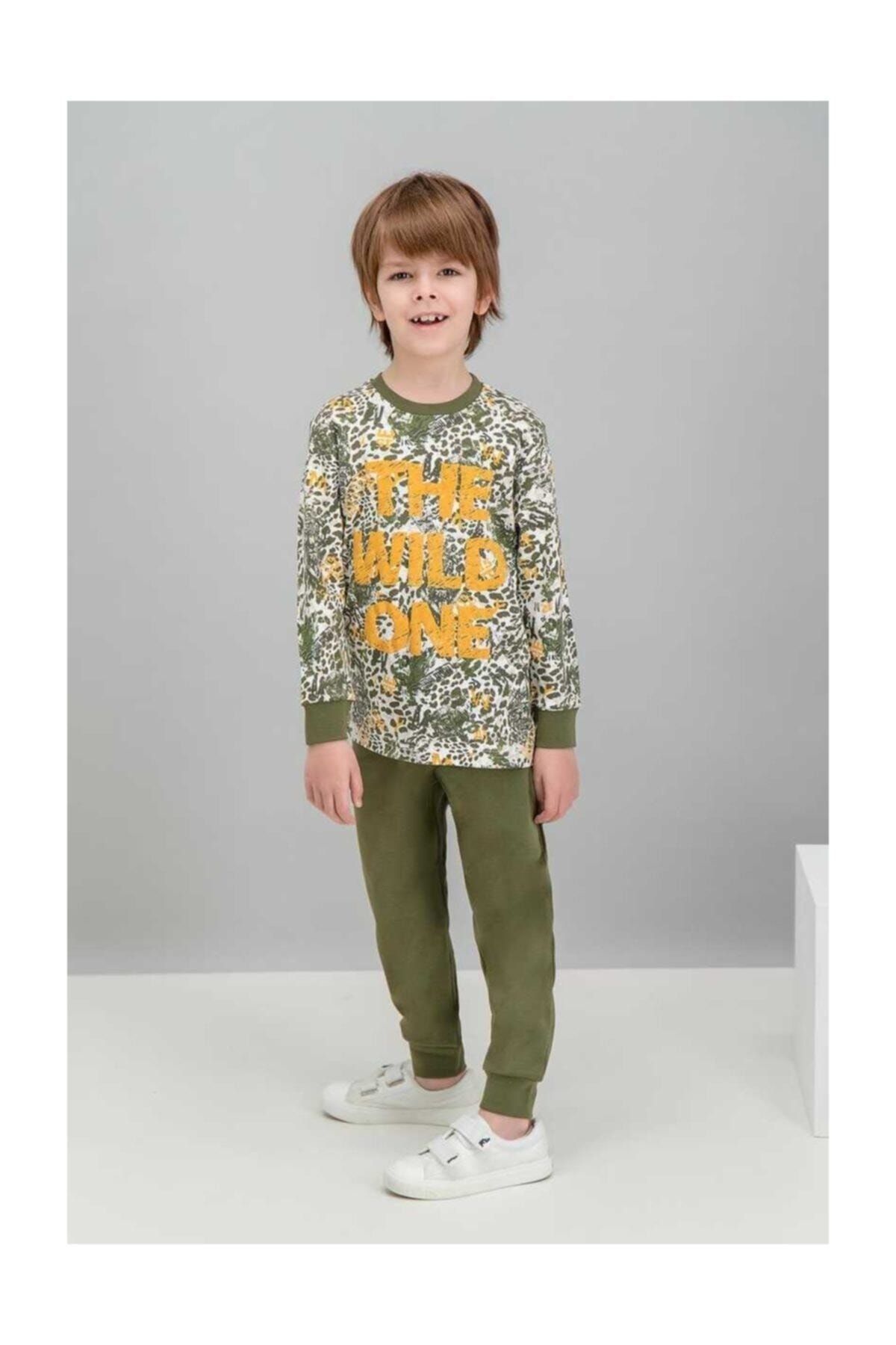 Rolypoly Erkek Çocuk %100 Pamuk&cotton Wild Tiger Krem Haki Renk Kışlık Pijama Takımı