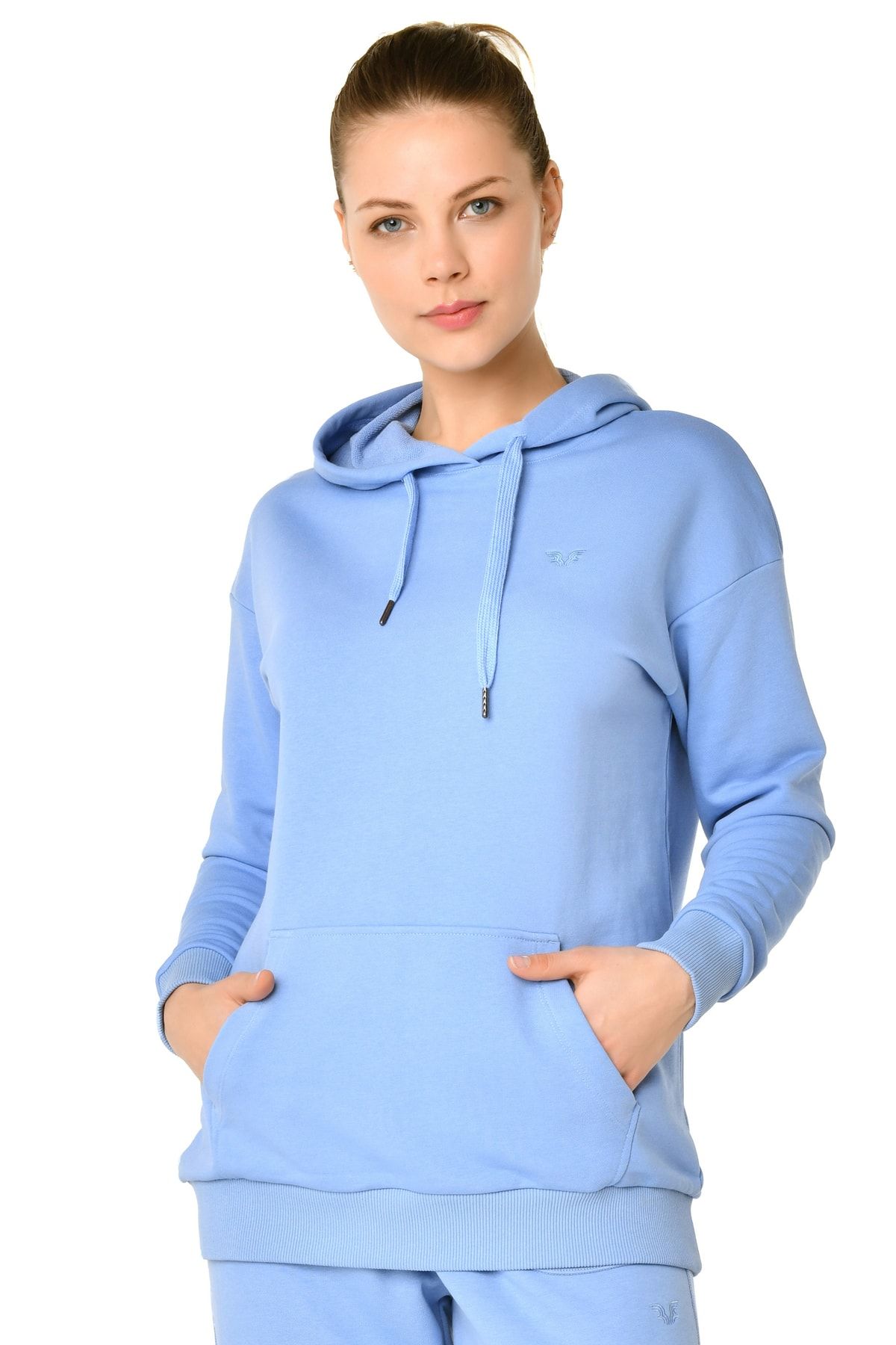 bilcee Mavi Kadın Kapüşonlu Kanguru Cepli Pamuklu Spor Düz Renk Sweatshirt 8785