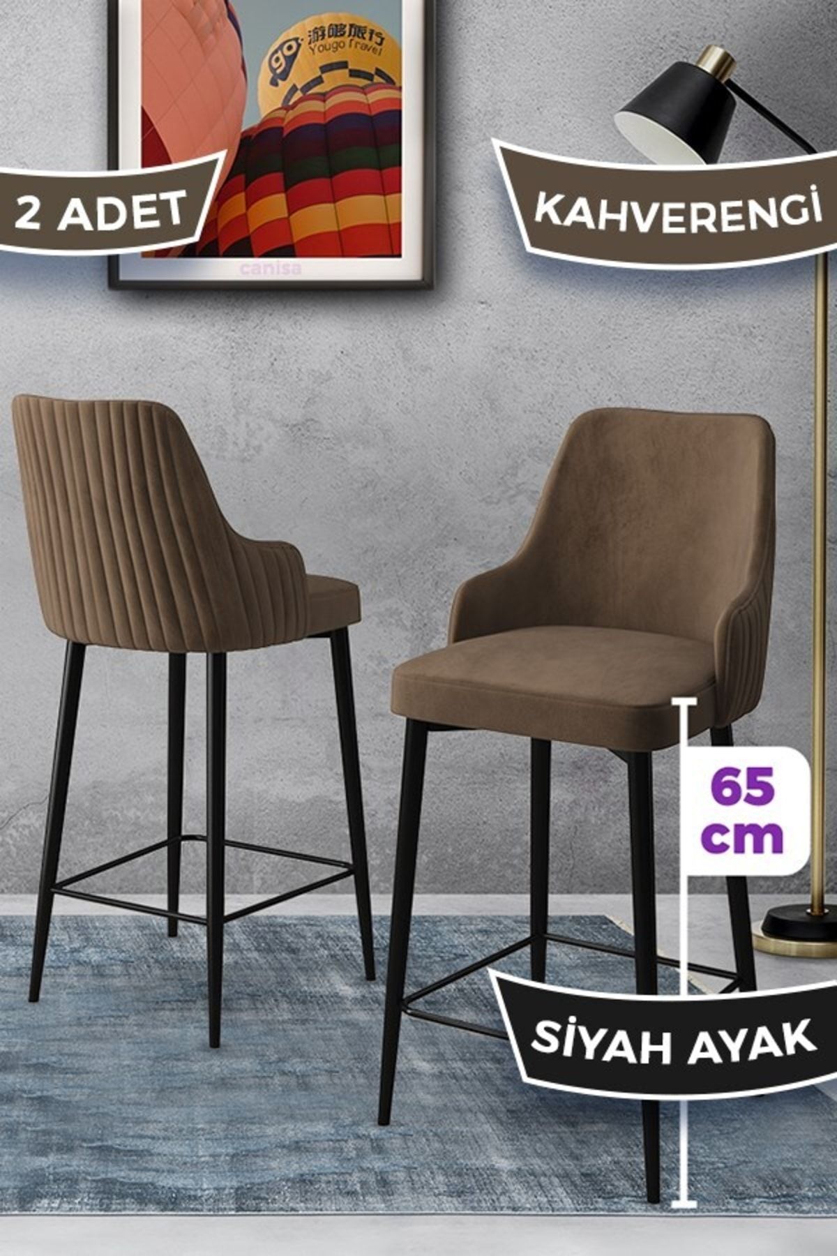 Canisa Concept Tera Serisi 2 Sandalye 65 Cm Ada Mutfak Bar Sandalyesi Babyface Kumaş Beyaz Metal Ayaklı