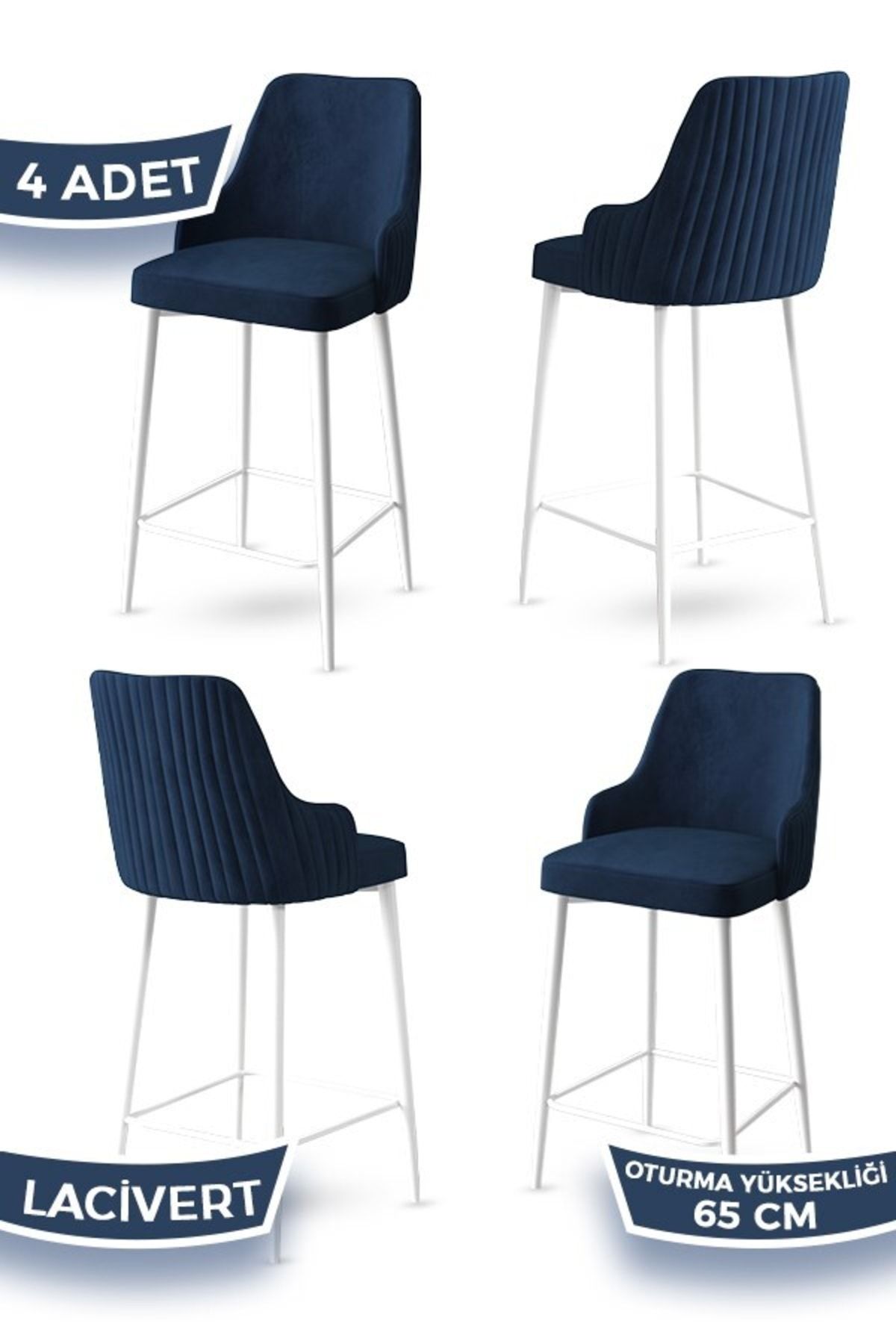 Canisa Concept Tera Serisi 4 Lacivert Sandalye 65 Cm Ada Mutfak Bar Sandalyesi Babyface Kumaş Beyaz Metal Ayaklı