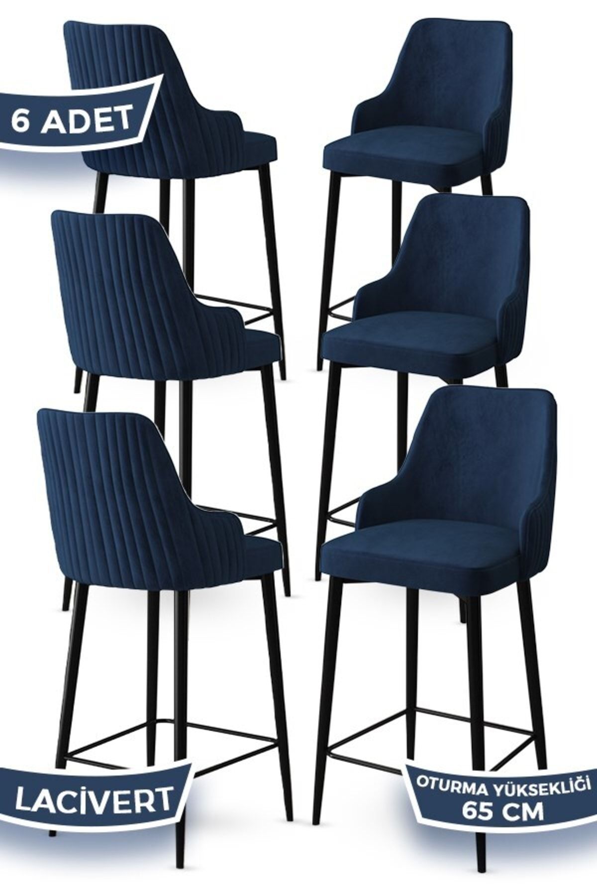 Canisa Concept Tera Serisi 6 Lacivert Sandalye 65 Cm Ada Mutfak Bar Sandalyesi Babyface Kumaş Siyah Metal Ayaklı