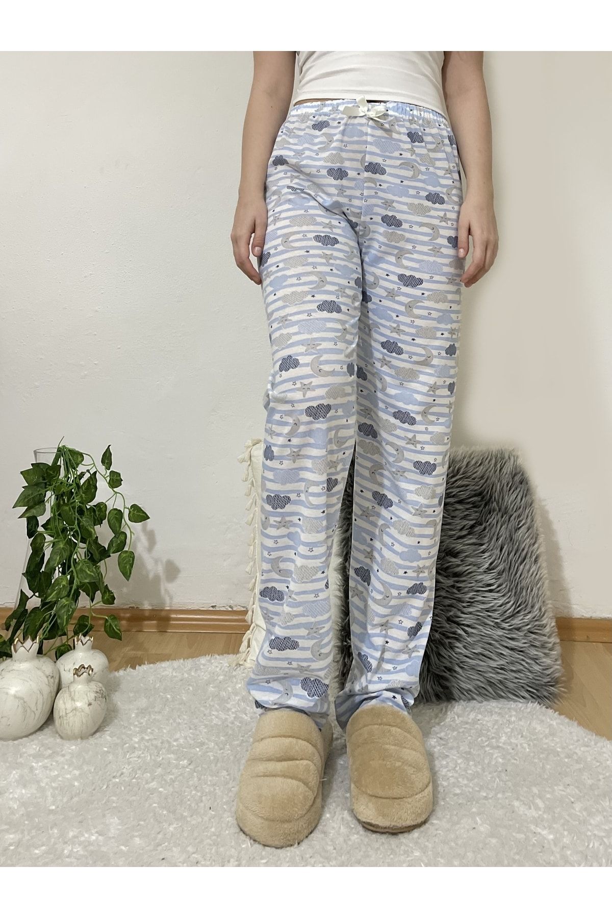 Betimoda Kadın Pijama Altı Kurdeleli Mavi Bulut Ay