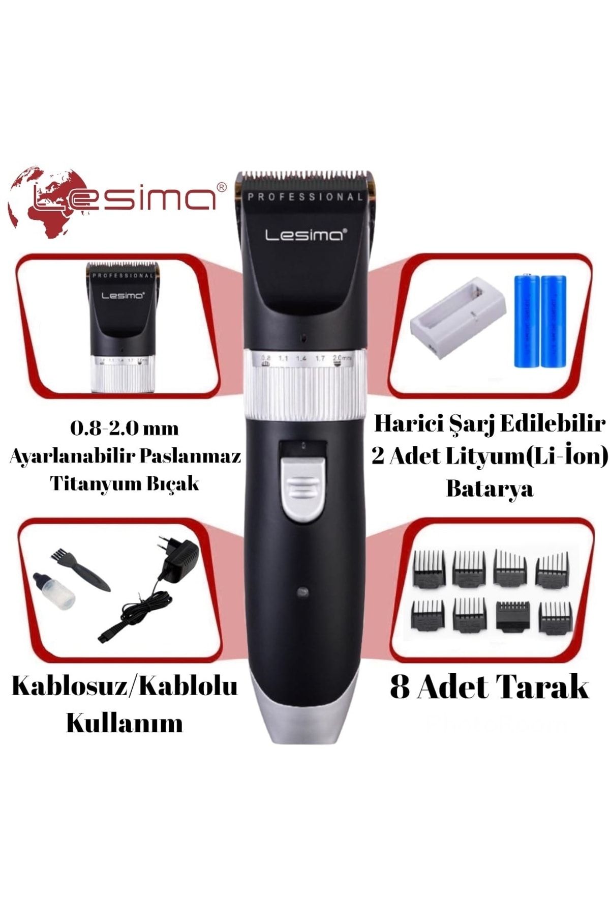Lesima Şarjlı Yedek Bataryalı Profesyonel Saç-sakal Tıraş Makinesi