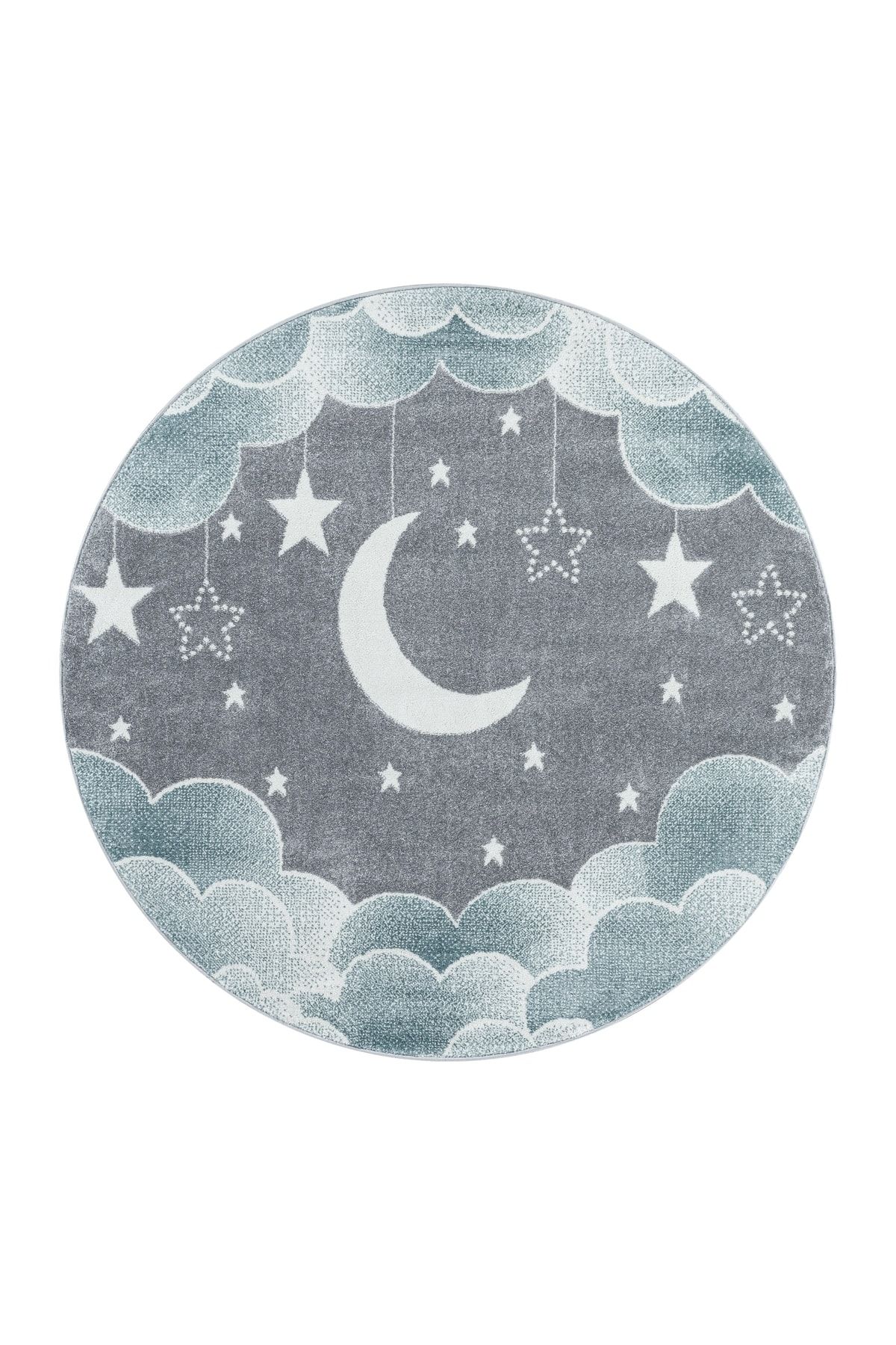 Pixel Yuvarlak Bulut Ay Yıldız Desenli Antialerjik Mavi Gri Çocuk Bebek Odası Halısı