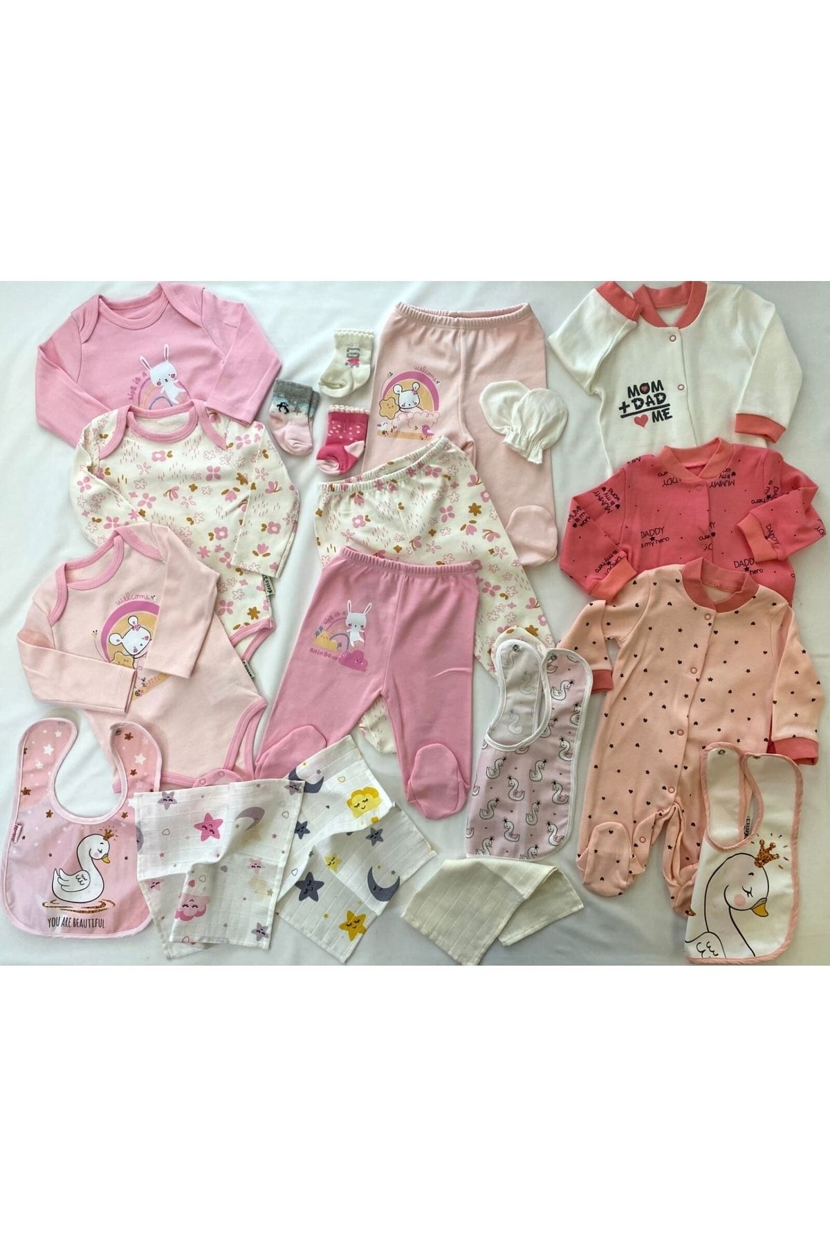 Necix's Kız Bebek Kıyafeti Pembe 3'lü Alt Üst Takım 3'lü Kız Bebek Tulum 3önlük 3mendil 3çorap 19'lu