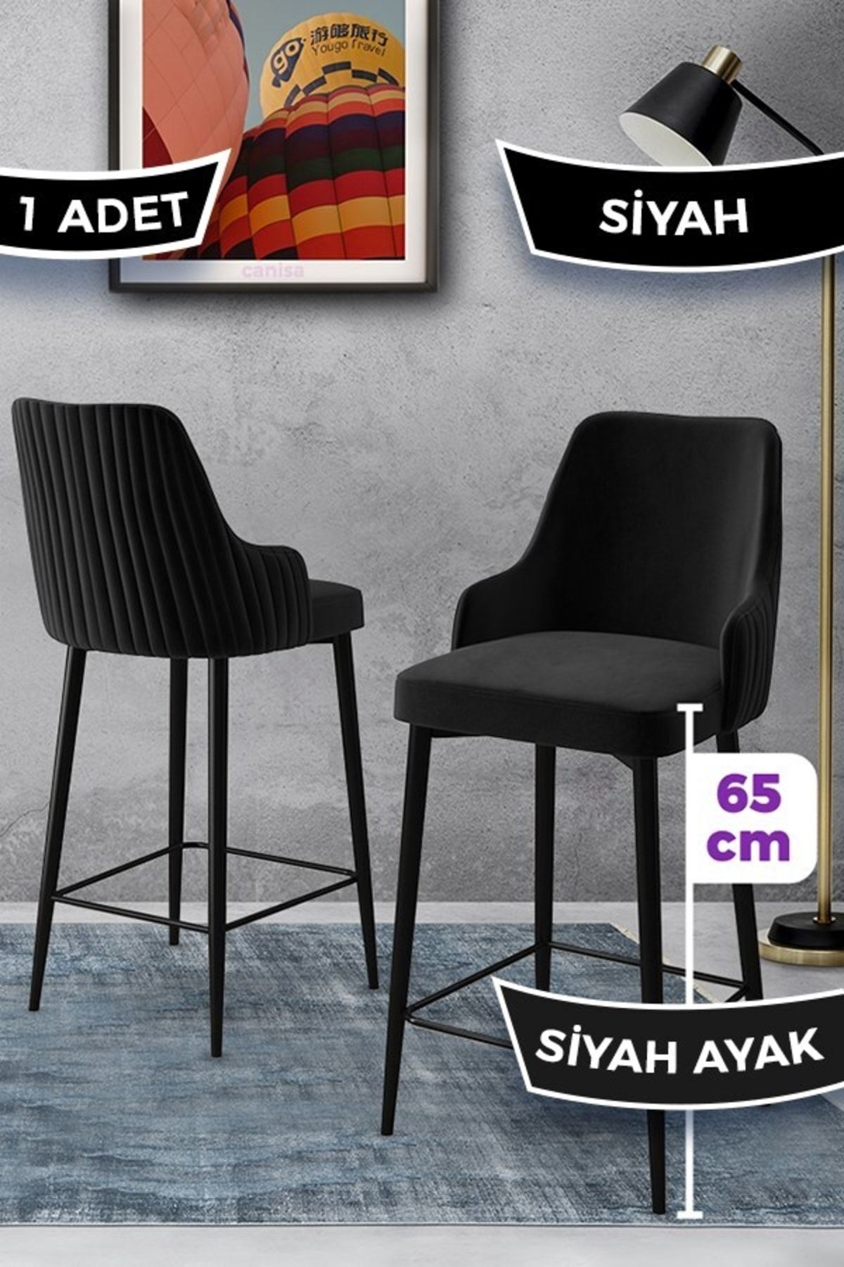 Canisa Tera Serisi 1 Adet 65 Cm Siyah Ada Mutfak Bar Sandalyesi Babyface Kumaş Siyah Metal Ayaklı
