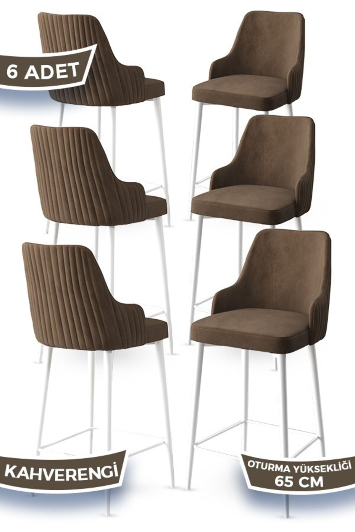 Canisa Concept Tera Serisi 6 Kahve Sandalye 65 Cm Ada Mutfak Bar Sandalyesi Babyface Kumaş Beyaz Metal Ayaklı