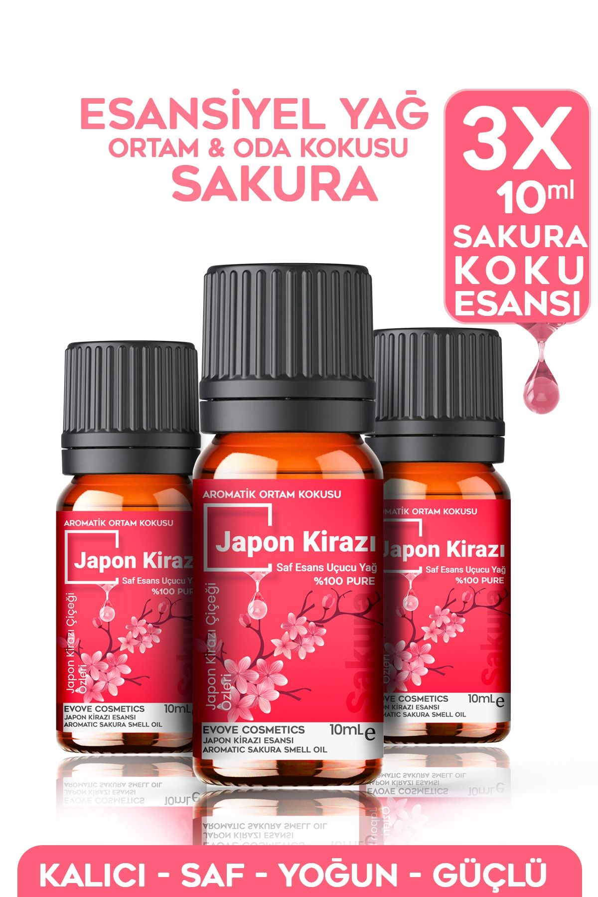 Evove Cosmetics Esansiyel Yağ Japon Çiçeği Sakura Oda Kokusu 3 Adet 10 ml Set Aromatik Buhardanlık Difüzör Uçucu Yağ