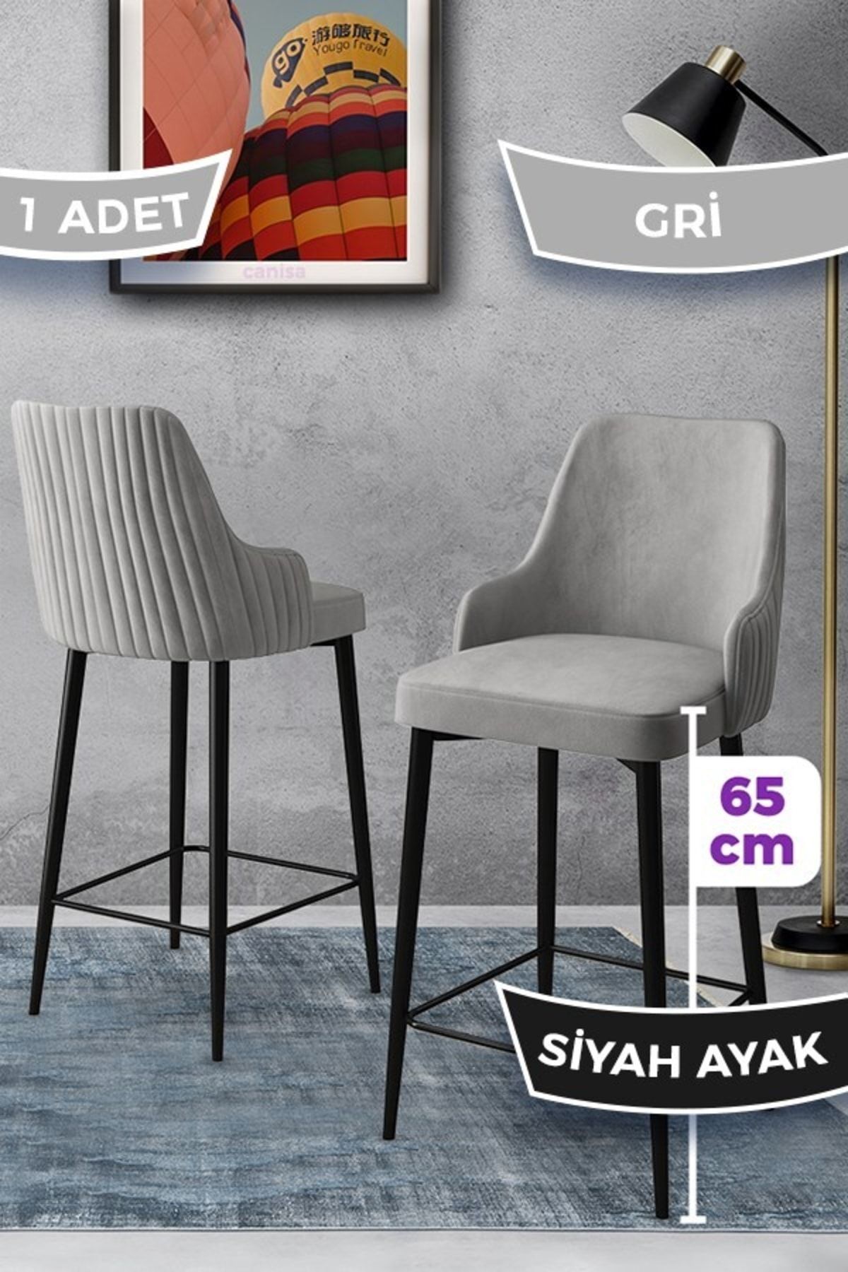 Canisa Tera Serisi 1 Adet 65 Cm Gri Ada Mutfak Bar Sandalyesi Babyface Kumaş Siyah Metal Ayaklı
