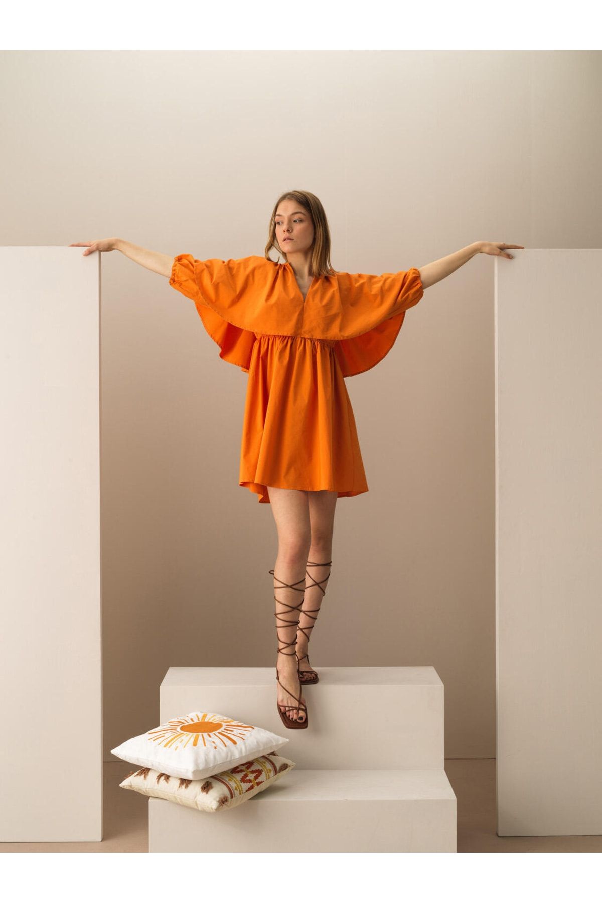 Xint Kadın Oranj Pamuklu Oversize Elbise
