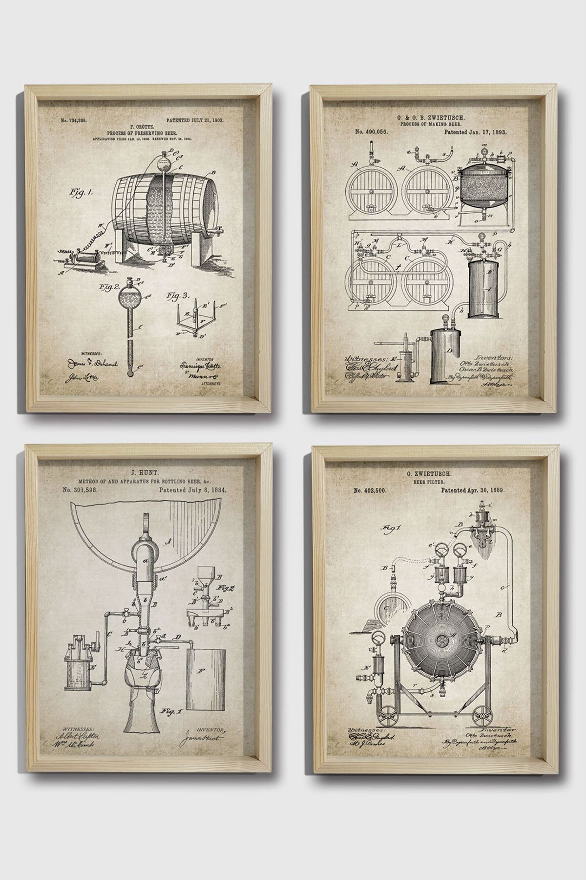 Dekor Loft Doğal Çam Çerçeveli Duvar Tablosu Bira Mahseni Patent Seti 1884 Yılı