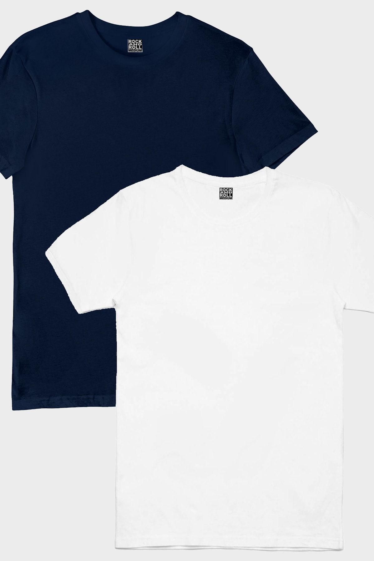 ROCKANDROLL  Erkek Beyaz Lacivert Düz Baskısız 2'li Eko Paket T-shirt