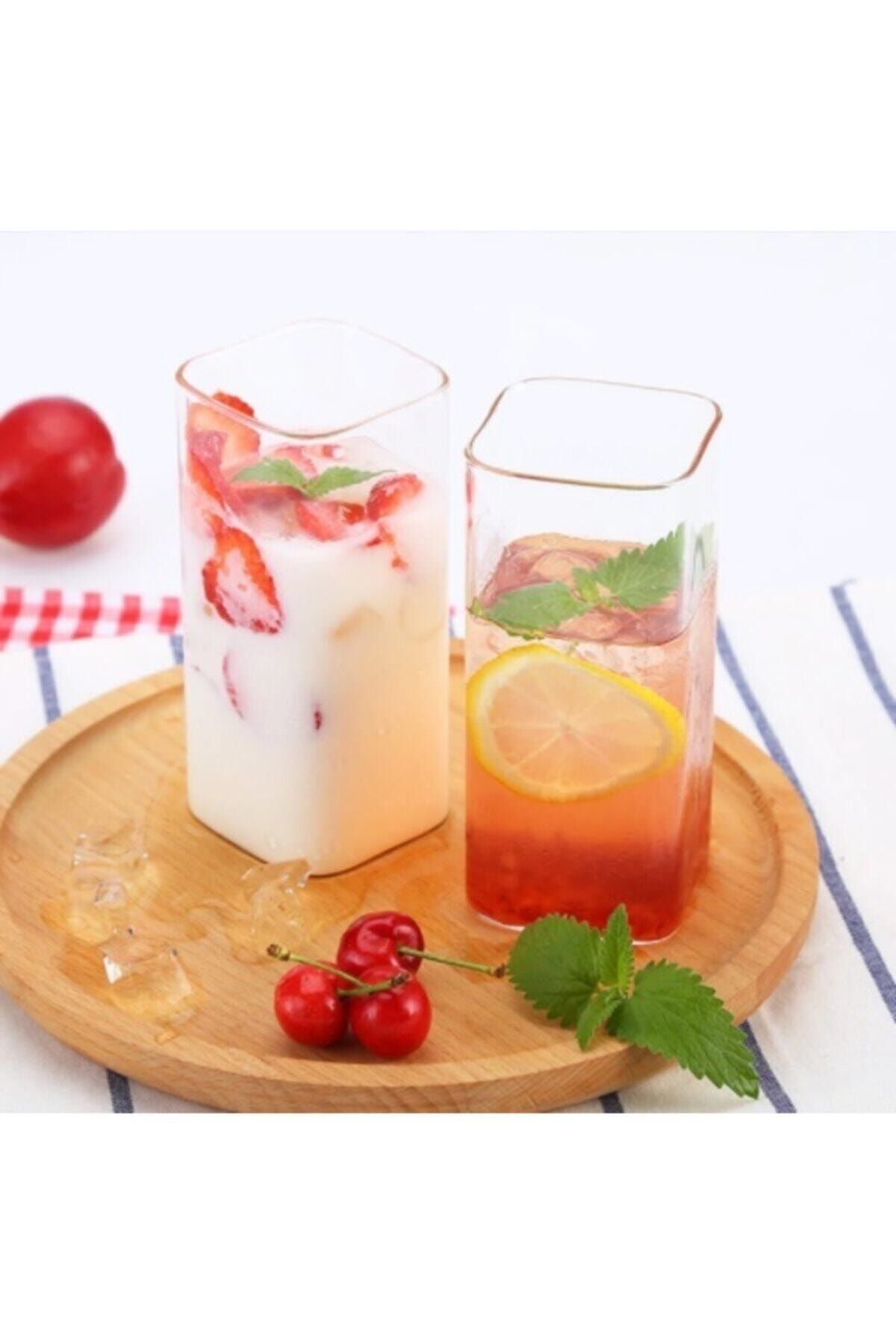 EARABUL Dikdörtgen Isıya Dayanıklı Borosilikat Trend Meyve Suyu Tatlı Bardağı (2 Adet 350 Ml 15 Cm)