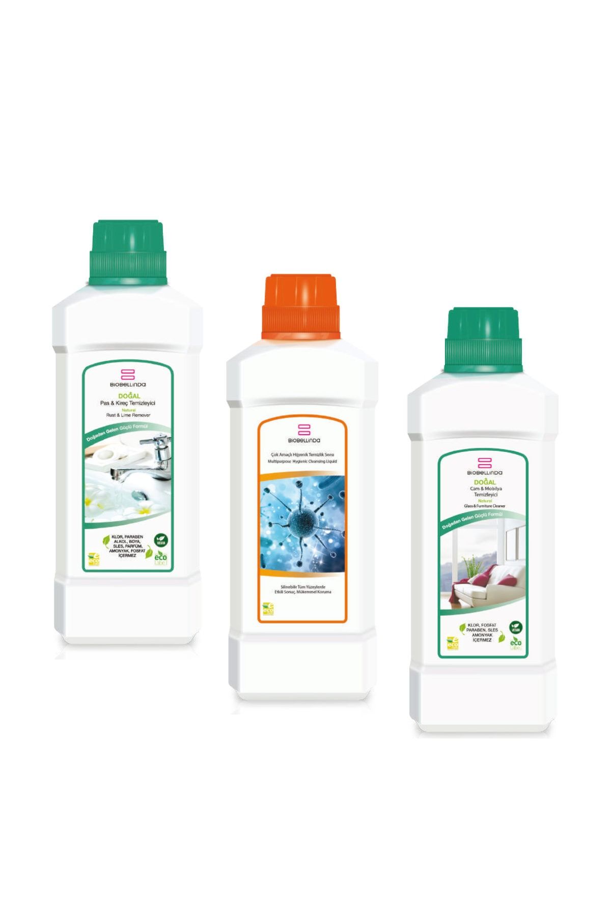 BioBellinda Pas & Kireç Temizleyici + Çok Amaçlı Hijyenik Temizleme Sıvısı + Cam & Mobilya Temizle