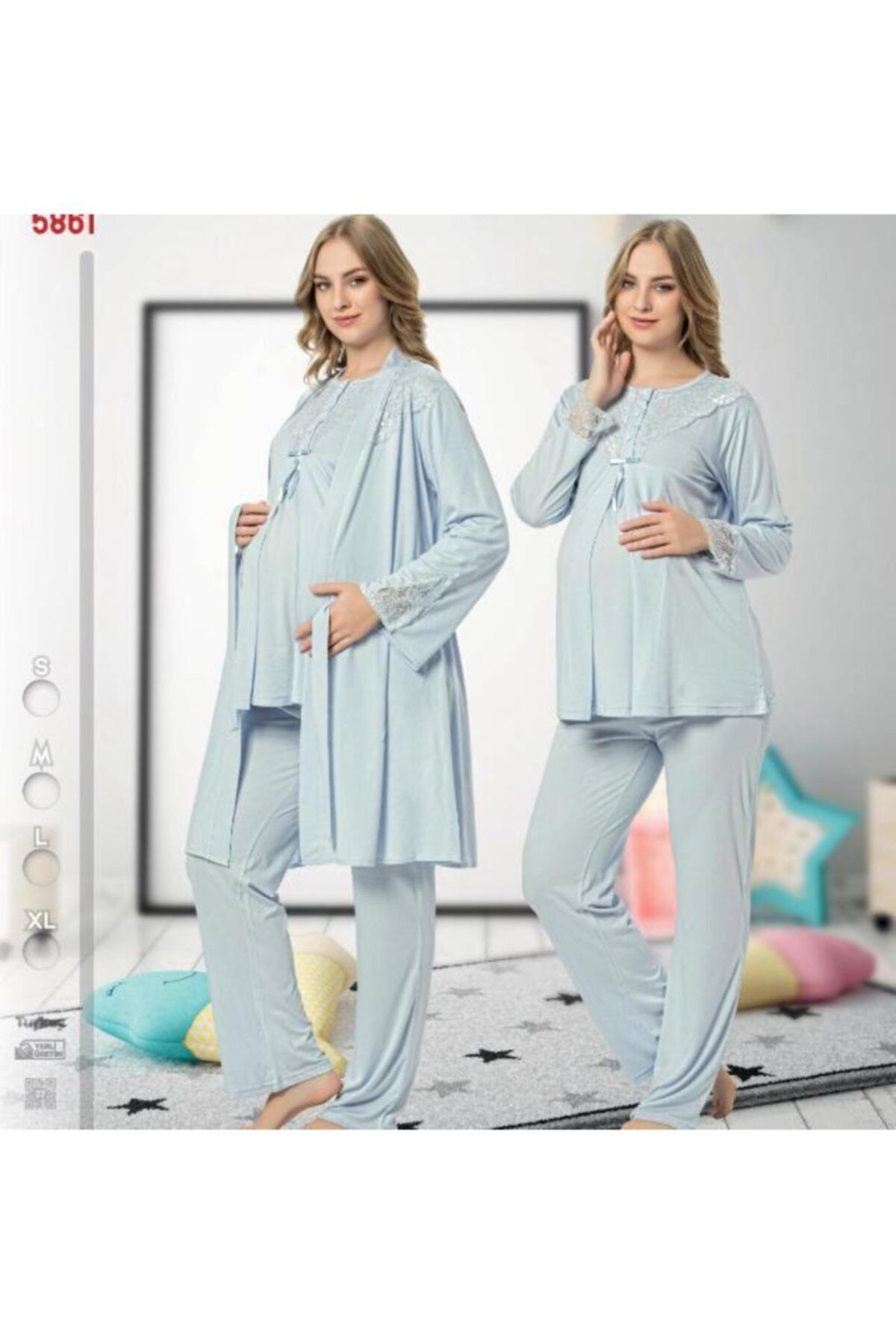 Nehir Kadın Mavi Hamile Lohusa Pijama Sabahlık 3'lü Takım 2020