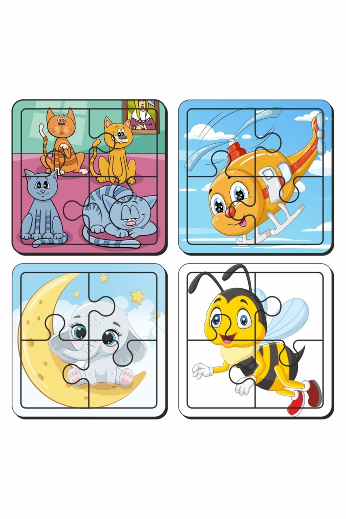 Baskı Atölyesi Kedi, Helikopter, Aydede Ve Fil, Arı 4 Parça 4'lü Yapboz Ilk Puzzle, Kolay Puzzle