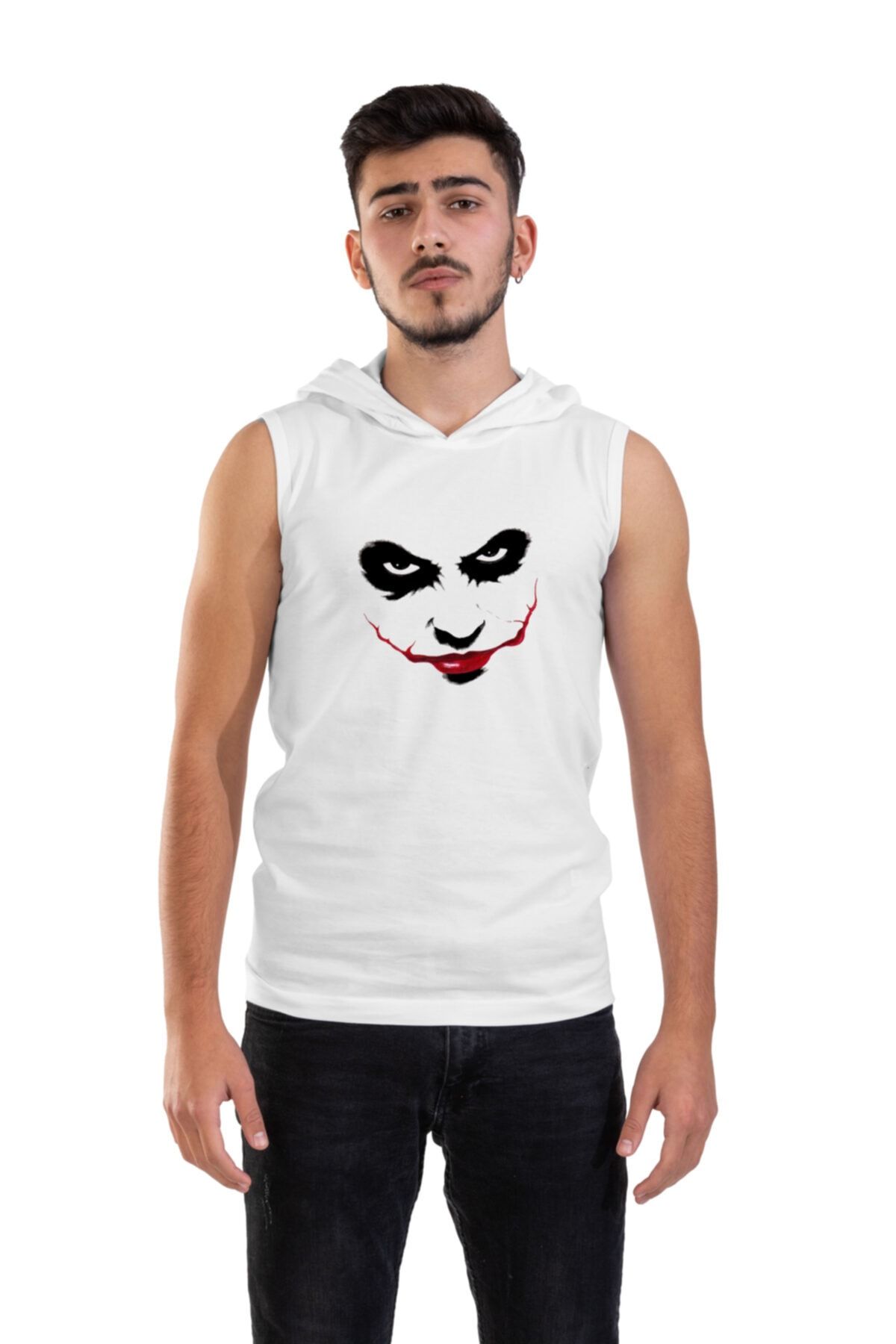 Raf Coll Unisex Beyaz Joker Dijital Baskılı Kapüşonlu Kolsuz T-shirt