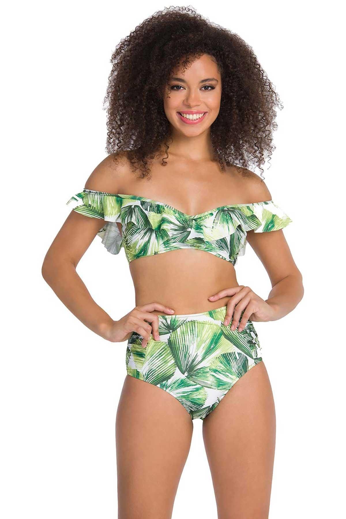 Dagi Kadın Yeşil Ince Yaprak Desenli Volanlı Bikini Takımı